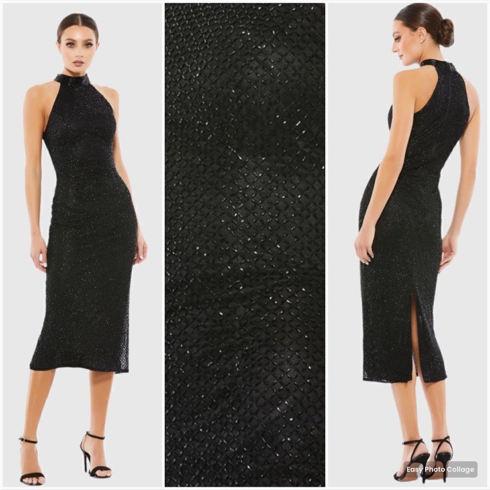 Mac Duggal 5531 Womens Beaded HIGH NECK HALTER SLEEVELESS MIDI DRESS